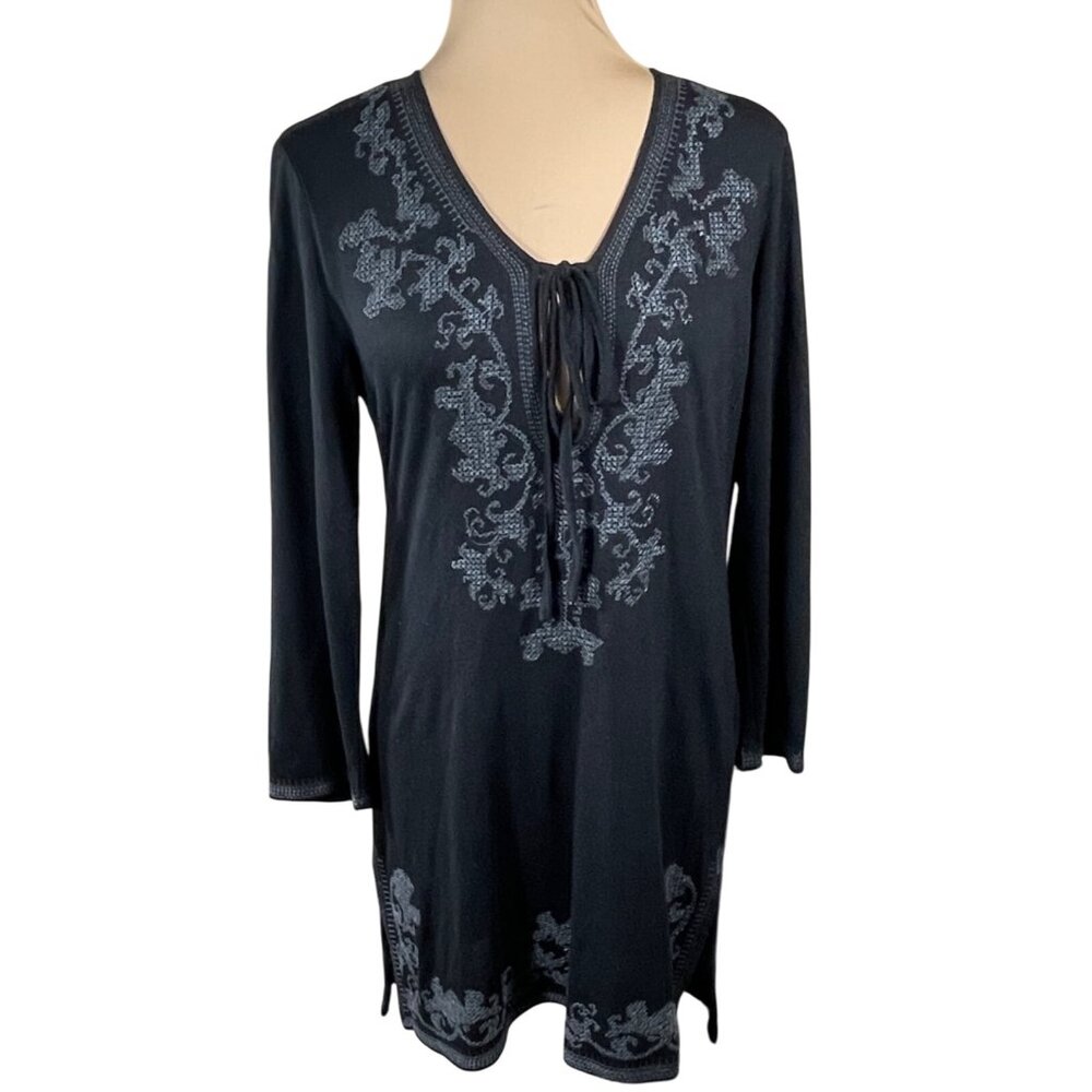 Monoreno Swim Coverup Stitched Black V-Neck Size M Medium Long Sleeve Tunic
